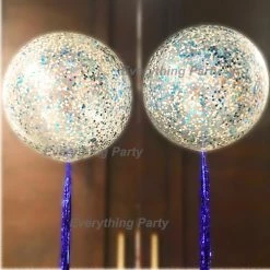 Everything Party 3ft Confetti Balloon With Foil Curtain - Blue, White And Silver Confetti