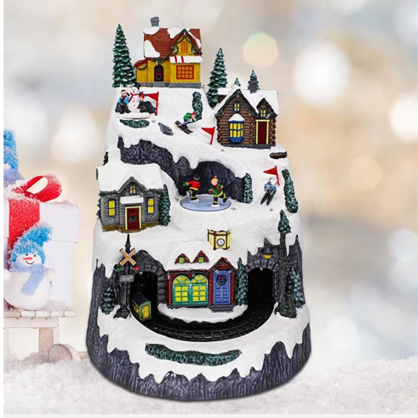 Wish Animated Christmas Village Snowy Mountain With Rotating Train Skaters Musical And LED Lights By Event
