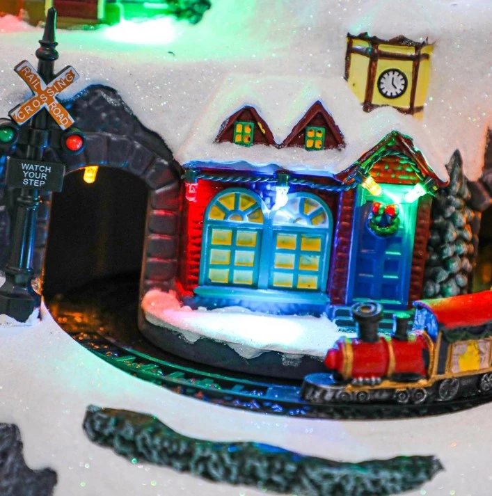 Wish Animated Christmas Village Snowy Mountain With Rotating Train Skaters Musical And LED Lights By Event