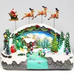 Wish By Event Animated Christmas Snowy Village LED Lights Musical Flying Santa Sleigh