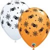 11" Qualatex Printed Latex White & Orange Spiders Webs And Stars Balloons