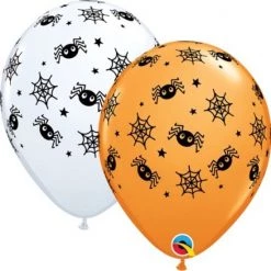 11" Qualatex Printed Latex White & Orange Spiders Webs And Stars Balloons