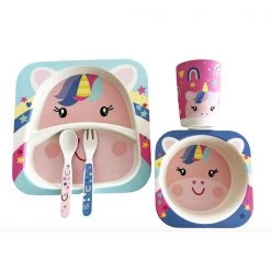 Alpen Frankie & Me 5 Piece Kids Bamboo Fibre Dining Set - Unicorn All Birthday