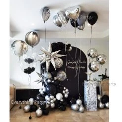 Everything Party Black & Silver Balloon Garland With Black Backdrop With Writting Balloons