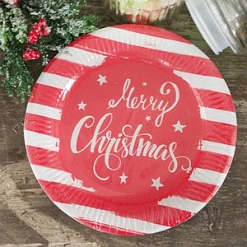 Everything Party 8pk Christmas Paper Plates Red & White Stripe - Merry Christmas
