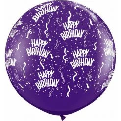 3ft Qualatex Printed Latex Balloon - Happy Birthday Purple Balloons