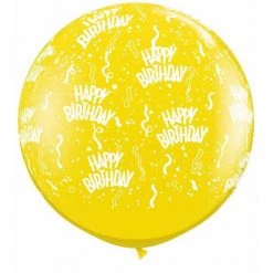 3ft Qualatex Printed Latex Balloon - Happy Birthday Yellow Balloons