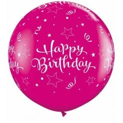 3ft Qualatex Printed Latex Balloon - Happy Birthday Hot Pink Balloons