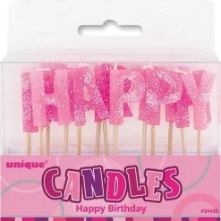 Unique Happy Birthday Glitter Candle - Pink All Birthday