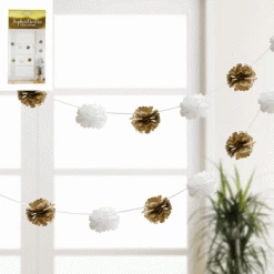 Everything Party 8pc Metallic Gold & White Puff Garland