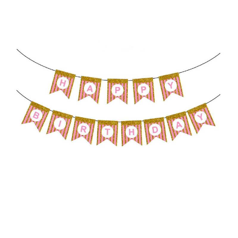 Everything Party All Birthday Happy Birthday Banner With Glitter Stripe - Pink & Gold