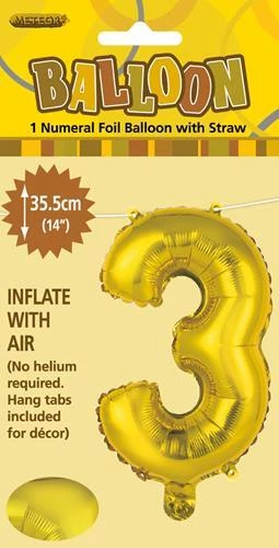 Unique Balloons 14" Number Foil Balloon - Number 3 (5 Colours)