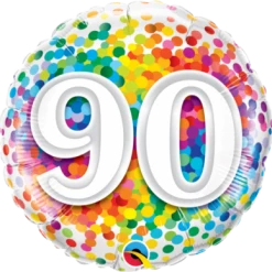 18" Qualatex 90th Birthday Rainbow Confetti Foil Balloon