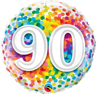 18" Qualatex 90th Birthday Rainbow Confetti Foil Balloon