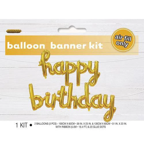Unique Happy Birthday Script Foil Balloon Banner - Gold Balloons