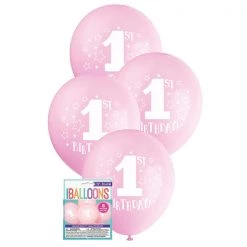 Unique Balloons 8pk 1st Birthday Stars Pink Latex Balloon 30cm