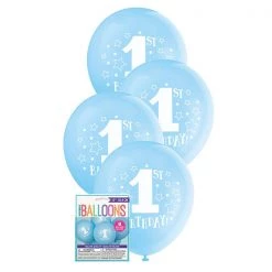 Unique 8pk 1st Birthday Stars Blue Latex Balloon 30cm