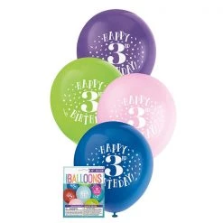 Unique Balloons 8pk Happy 3rd Birthday Assorted Latex Balloon 30cm