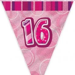 Unique 16th Birthday Flag Banner (Blue, Pink, Black)