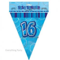 Unique 16th Birthday Flag Banner (Blue, Pink, Black)