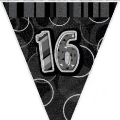 Unique 16th Birthday Flag Banner (Blue, Pink, Black)