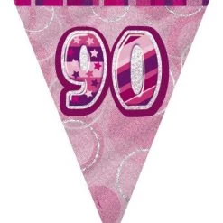 Unique 90th Birthday Flag Banner (Blue, Pink, Black)