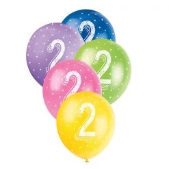 Unique Balloons 5pk 2nd Birthday Number 2 Assorted Pearl Latex Balloon 30cm
