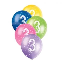 Unique Balloons 5pk 3rd Birthday Number 3 Assorted Pearl Latex Balloon 30cm