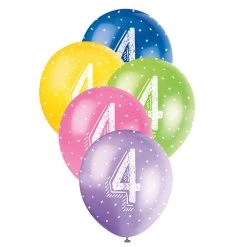 Unique Balloons 5pk 4th Birthday Number 4 Assorted Pearl Latex Balloon 30cm