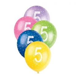 Unique Balloons 5pk 5th Birthday Number 5 Assorted Pearl Latex Balloon 30cm