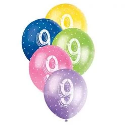 Unique 5pk 9th Birthday Number 9 Assorted Pearl Latex Balloon 30cm