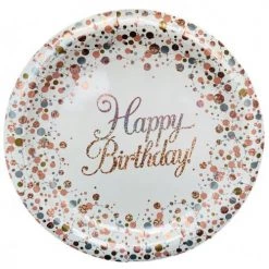 Alpen 8pk Sparkling Fizz Rose Gold Happy Birthday Paper Plates - 23cm