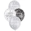 Unique 6pk Assorted Black Silver White Happy Birthday 30cm Latex Balloons