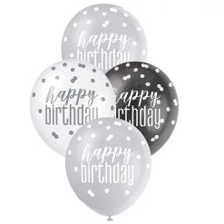 Unique 6pk Assorted Black Silver White Happy Birthday 30cm Latex Balloons
