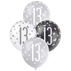 Unique 6pk Assorted Black Silver White 13th Birthday 30cm Latex Balloons