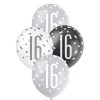 Unique 6pk Assorted Black Silver White 16th Birthday 30cm Latex Balloons