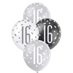 Unique 6pk Assorted Black Silver White 16th Birthday 30cm Latex Balloons