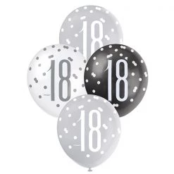 Unique 6pk Assorted Black Silver White 18th Birthday 30cm Latex Balloons