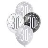 Unique 6pk Assorted Black Silver White 30th Birthday 30cm Latex Balloons