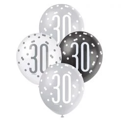 Unique 6pk Assorted Black Silver White 30th Birthday 30cm Latex Balloons