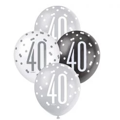 Unique 6pk Assorted Black Silver White 40th Birthday 30cm Latex Balloons