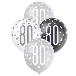 Unique 6pk Assorted Black Silver White 80th Birthday 30cm Latex Balloons