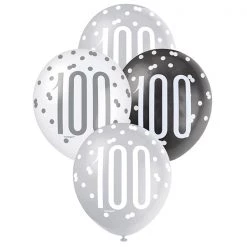 Unique 6pk Assorted Black Silver White 100th Birthday 100 Days 30cm Latex Balloons