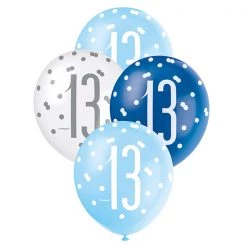 Unique 6pk Assorted Blue White 13th Birthday 30cm Latex Balloons