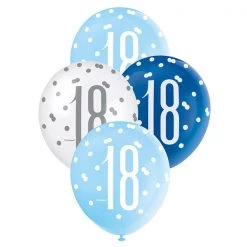 Unique 6pk Assorted Blue White 18th Birthday 30cm Latex Balloons