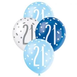 Unique 6pk Assorted Blue White 21st Birthday 30cm Latex Balloons