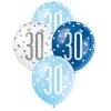 Unique 6pk Assorted Blue White 30th Birthday 30cm Latex Balloons