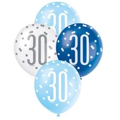 Unique 6pk Assorted Blue White 30th Birthday 30cm Latex Balloons