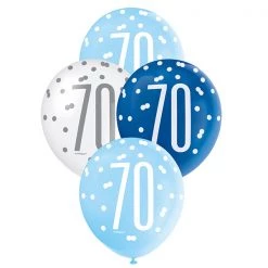 Unique 6pk Assorted Blue White 70th Birthday 30cm Latex Balloons