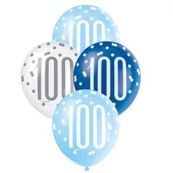 Unique 6pk Assorted Blue White 100th Birthday 100 Days 30cm Latex Balloons